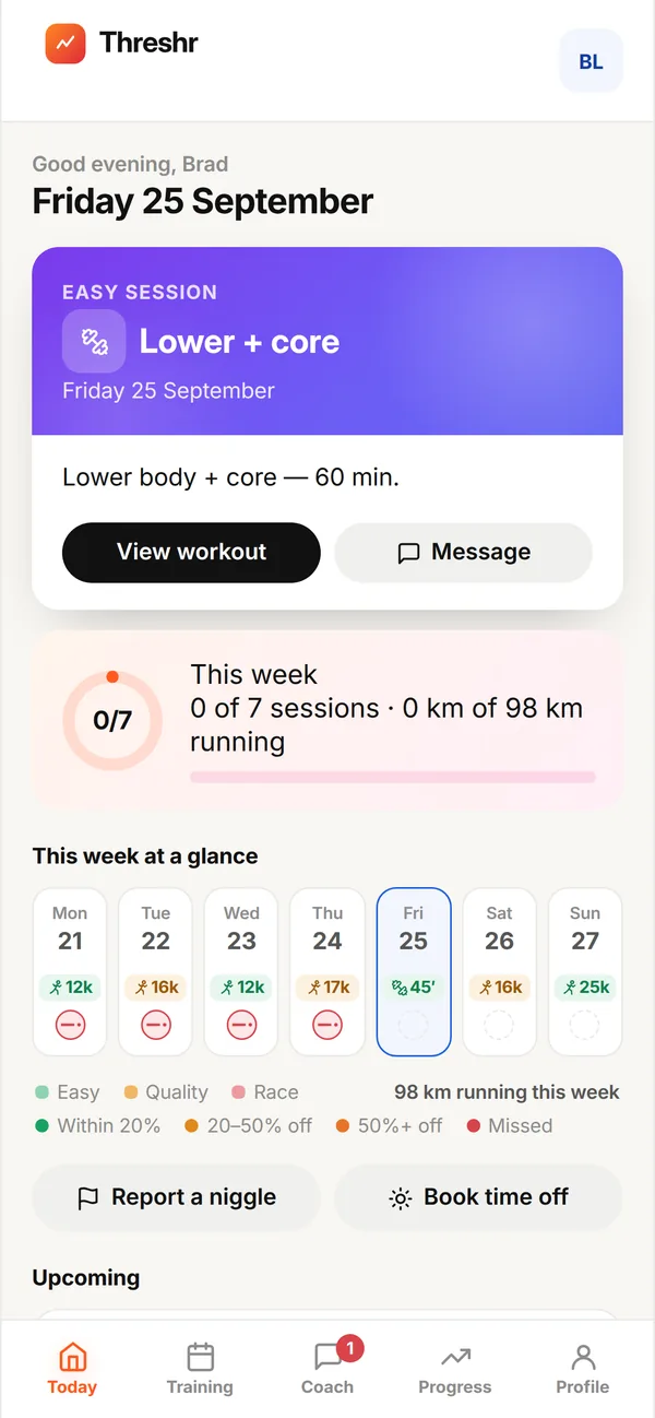 The athlete app on a phone: today's session, this week's progress ring and the week at a glance