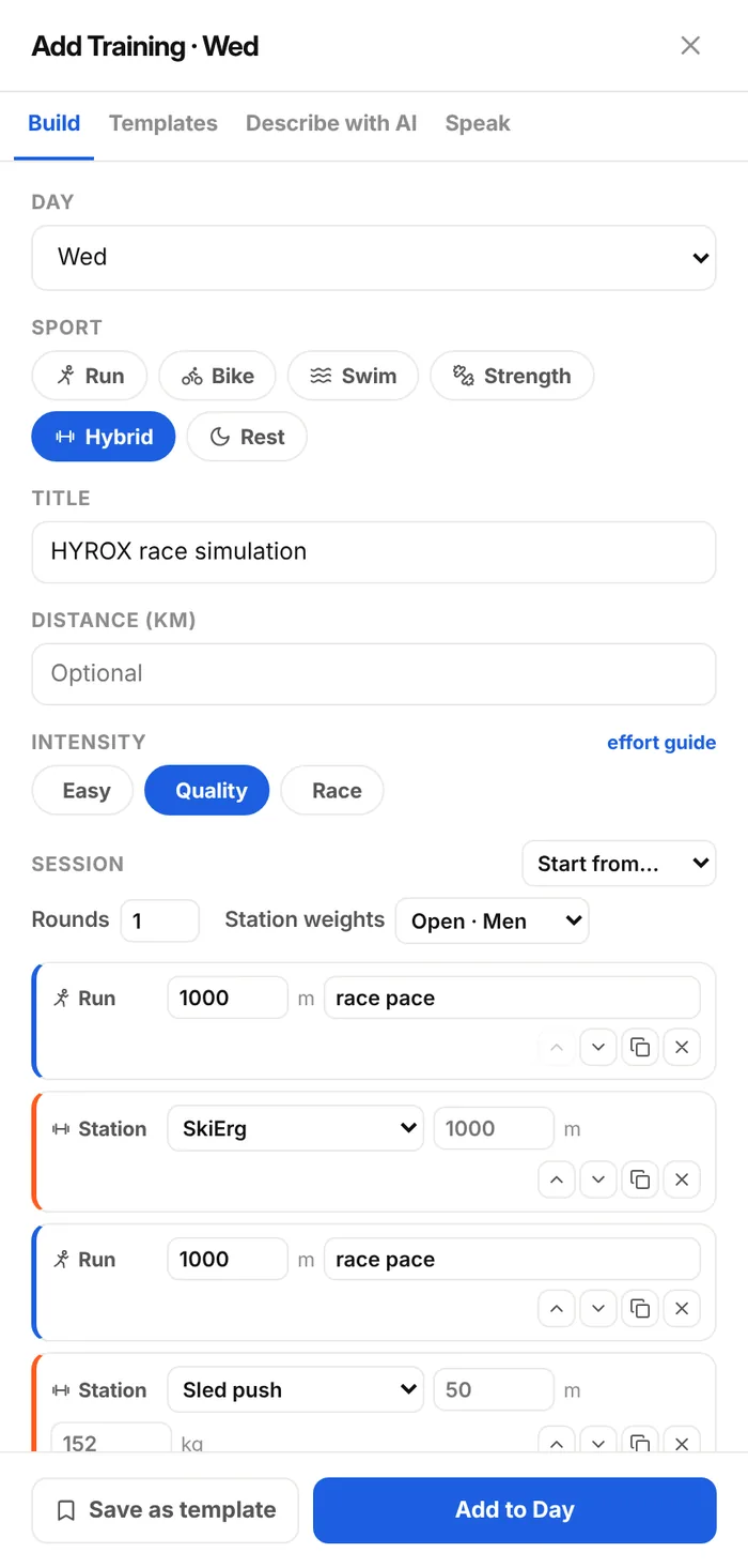 The HYROX session builder: a race simulation of alternating 1 km runs and stations with Open Men weights